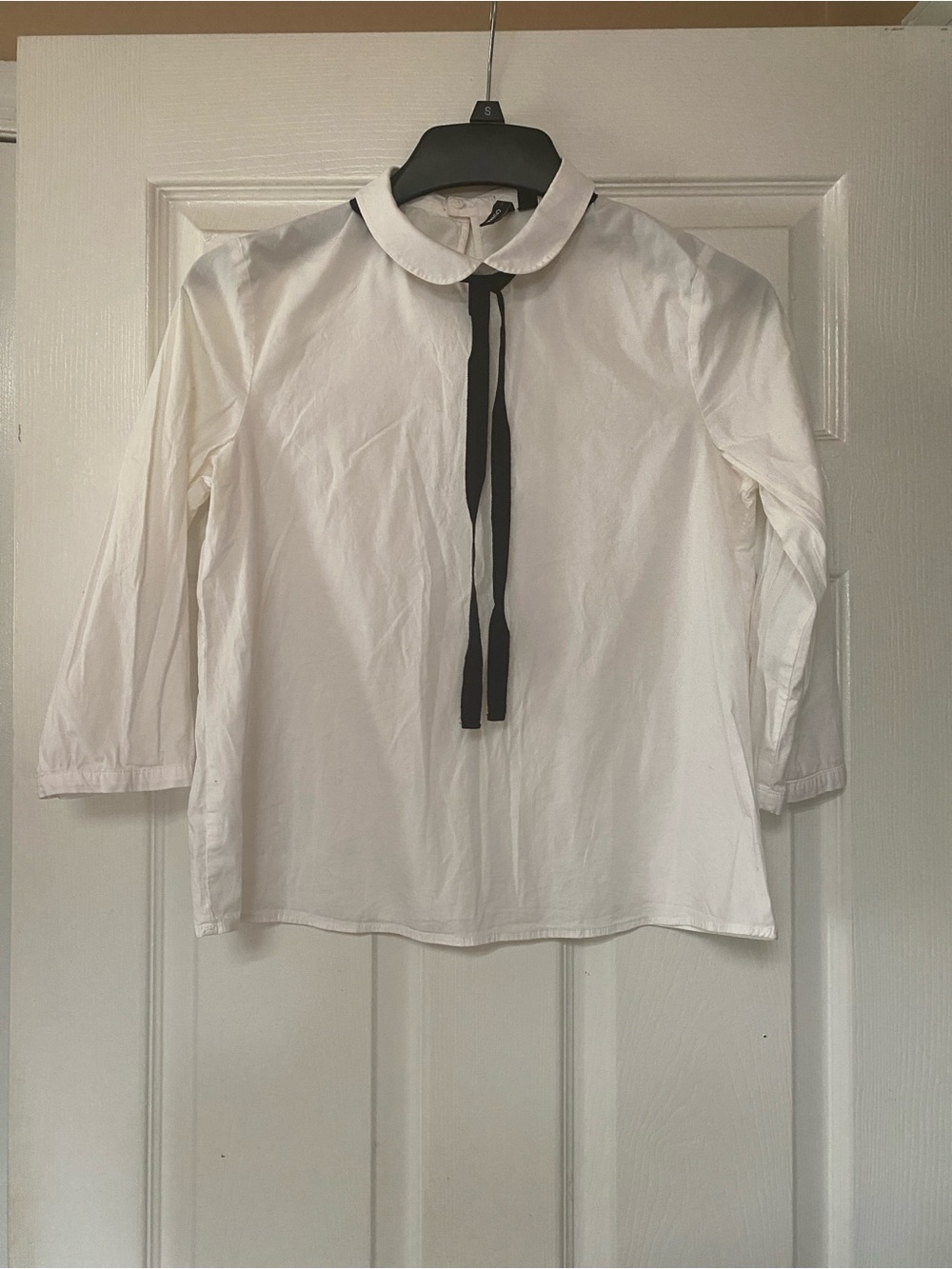 Mango White Cotton Peterpan Peter Pan Collar Blouse With Black Ribbon Tie